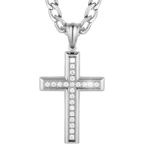 Silver Solid CZ Cross Necklace Religion Jewelry 24 Inch Figaro Chain